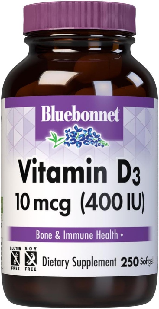Bluebonnet Nutrition Vitamine D3 400 UI Softgels, Aide à la croissance musculaire et squelettique, Cholecalciferol de l'huile de poisson, Non OGM, Sans gluten, Sans soja, Sans lait, 250 Softgels