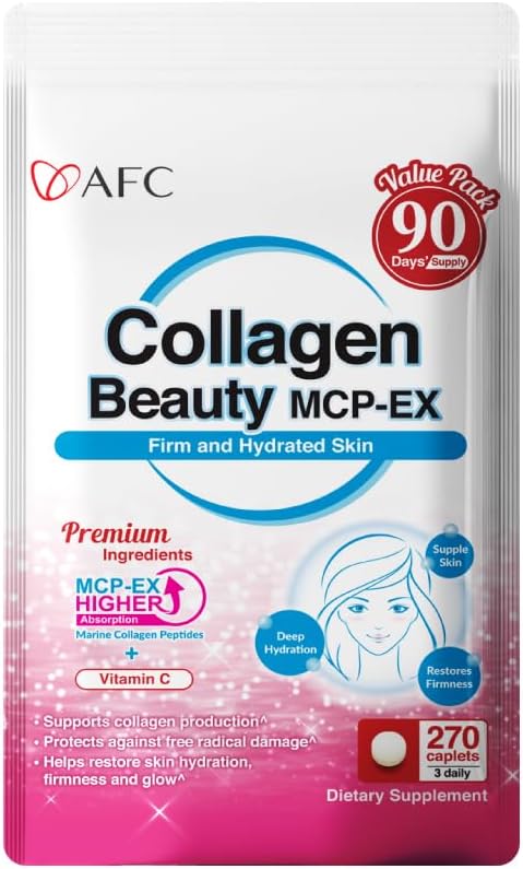 AFC Japan Collagen Beauty MCP-EX avec peptide de collagène marin, 1,5X meilleure absorption que les autres collagènes, pour l'anti-âge, la peau, les cheveux, les ongles, les os et les articulations, pour les femmes et les hommes, 90 jours d'approvisionnement