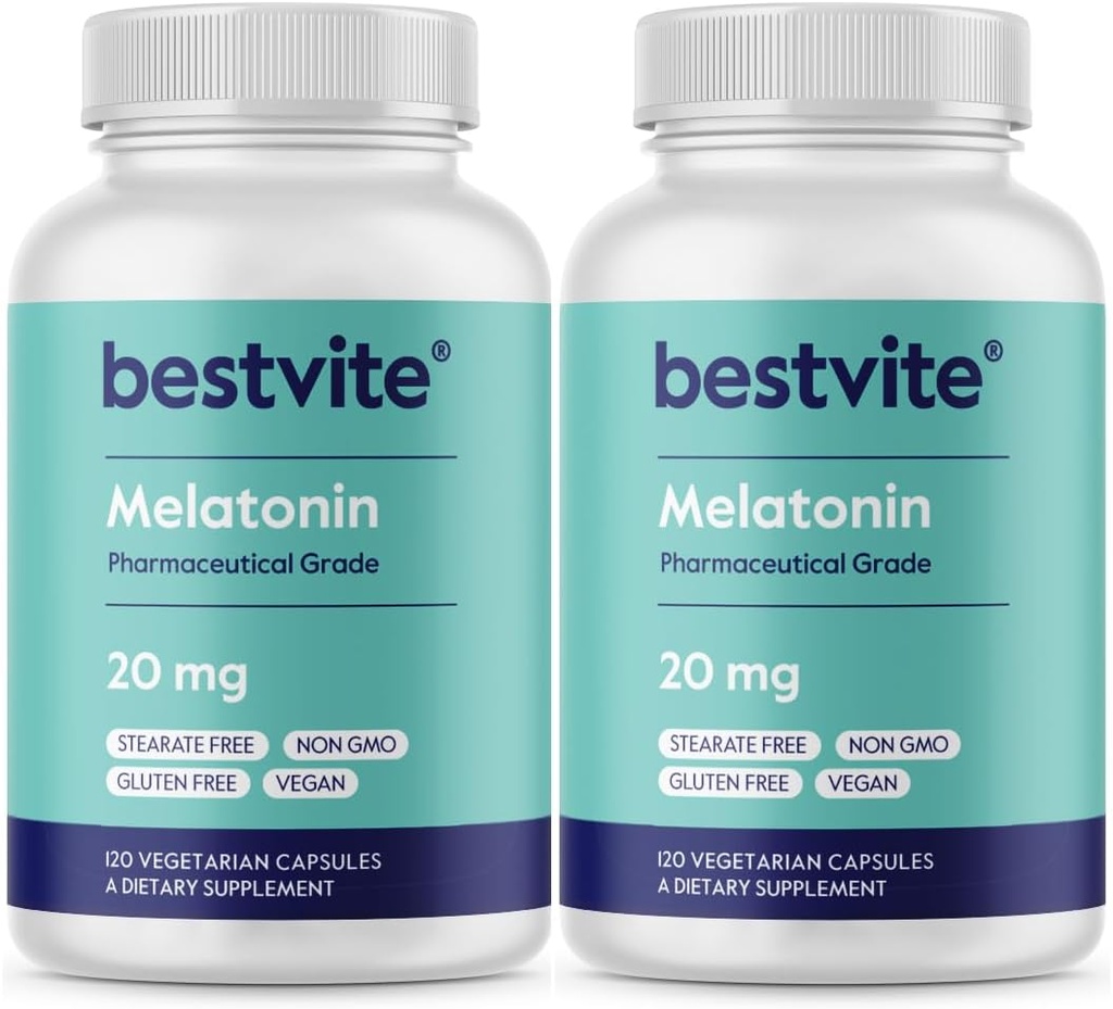 BESTVITE Melatonin 20mg (240 Vegetarian Capsules) (120 x 2) - No Stearates - Vegan - Non GMO - Gluten Free