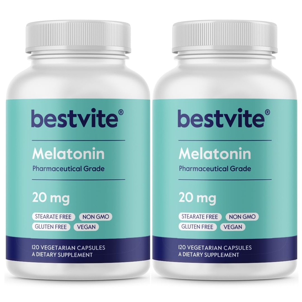 BESTVITE Melatonine 20mg (240 gélules végétariennes) (120 x 2) - Pas de stéarates - Vegan - Non OGM - Sans gluten