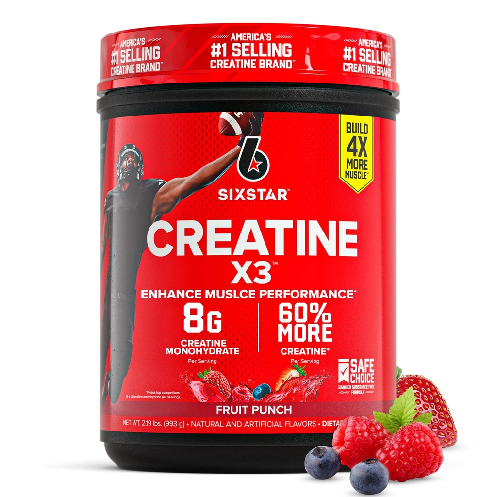 Six Star Creatine Monohydrate Powder, X3 (Fruit Punch) - Flavored Creatine HCl Powder Monohydrate Supplement for Muscle Building & Performance - Post Workout Supplement for Men & Women - 30 Servings