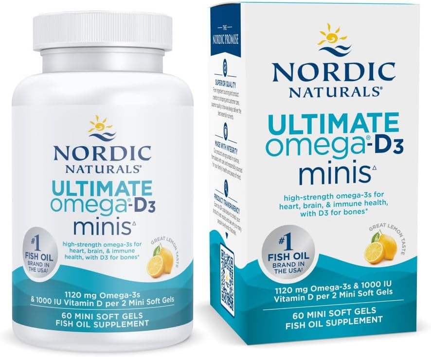 Nordic Naturals Ultimate Omega Mini D3, Saveur de citron - 60 Mini Gels Soft - 1120 mg Omega-3 + 1000 UI Vitamine D3 - EPA & DHA - Promotion de la santé cérébrale et cardiaque - 30 portions