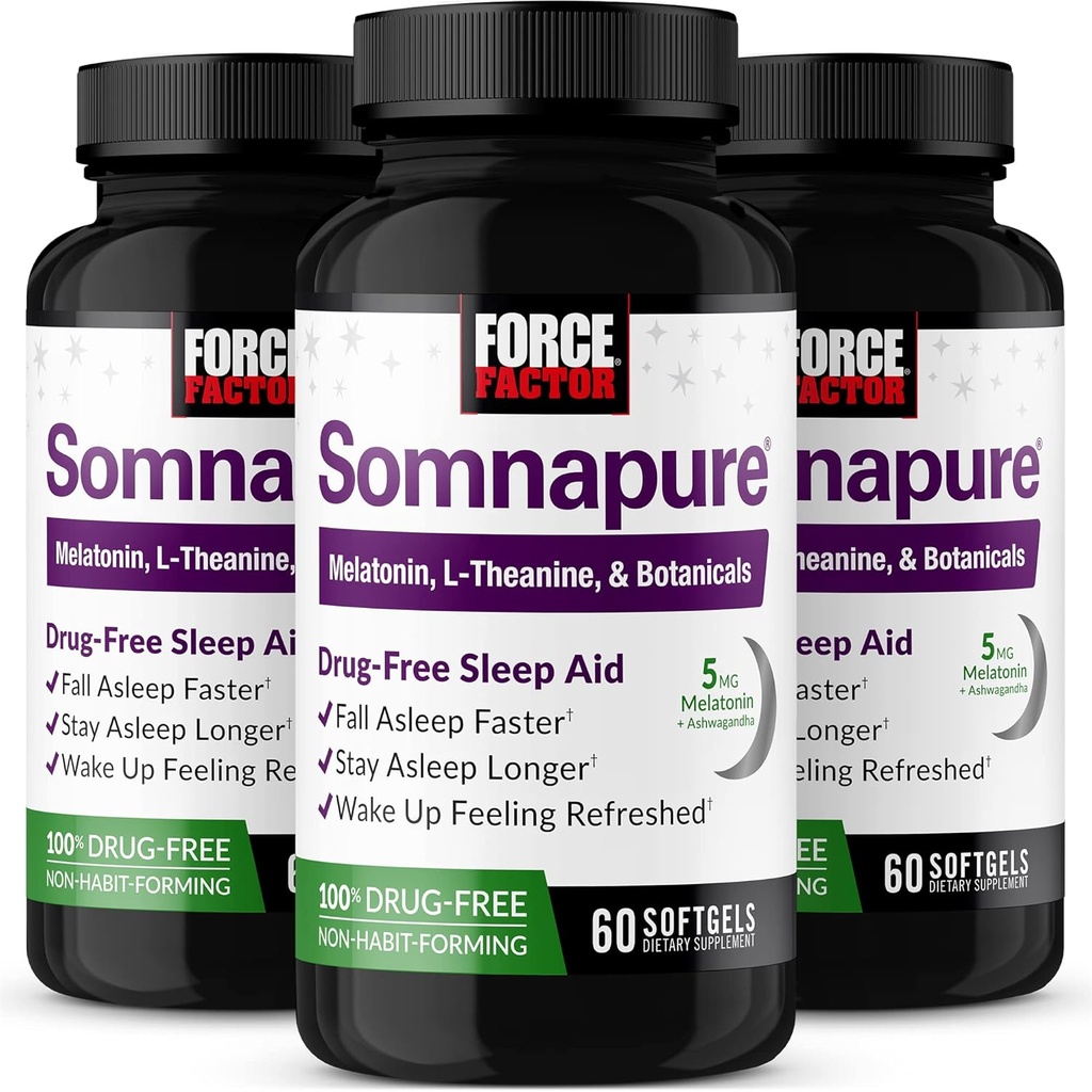 FACTEUR DE FORCE Somnapure Softgels 3-Pack aide au sommeil pour l'automne Asleep Faster, rester plus longtemps en sommeil, se réveiller rafraîchi, aide au sommeil pour les adultes avec la mélatonine, Ashwagandha, racine valériane, 180 Softgels