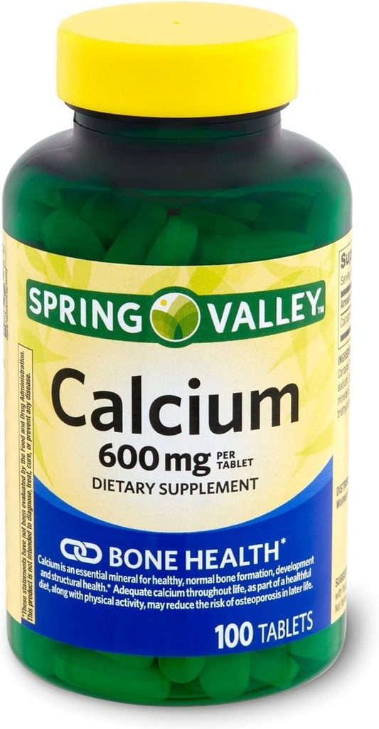 Spring Valley Calcium 600 mg, Comprimés Complément alimentaire, Santé des os, 100 Nombre +