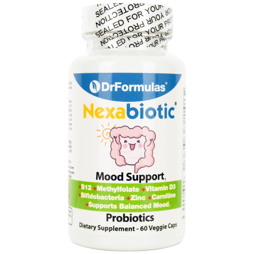 DrFormulas Mood Boost Probiotics for Stress and Calm, Methylfolate for Kids, Women, Men | Nexabiotic Supplement with Bifidobacterium and B-12, 60 Count