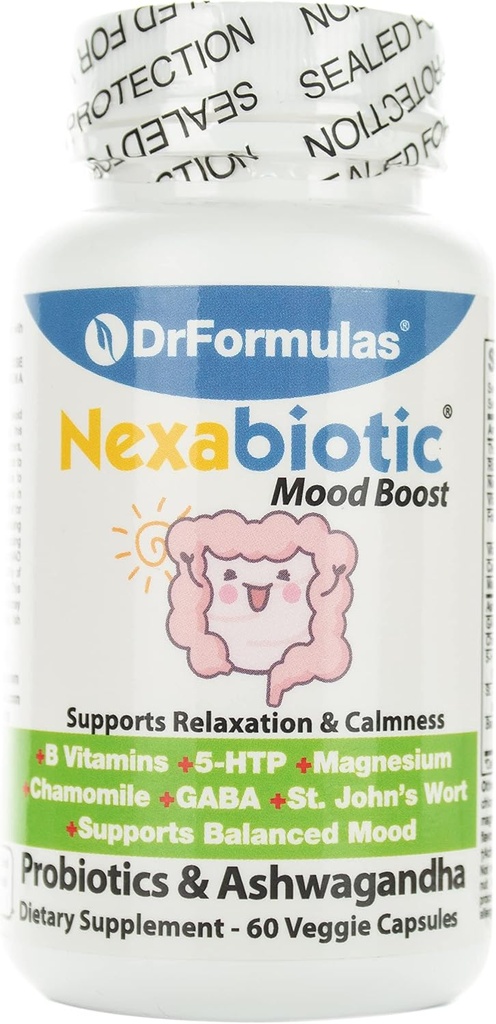 DrFormulas Mood Boost Probiotics with Stress B Complex Vitamines pour les enfants, les femmes, les hommes Supplément Nexabiotique avec les capsules Ashwagandha, St Johns Wort, GABA, Magnésium pour le calme, 60 Comte
