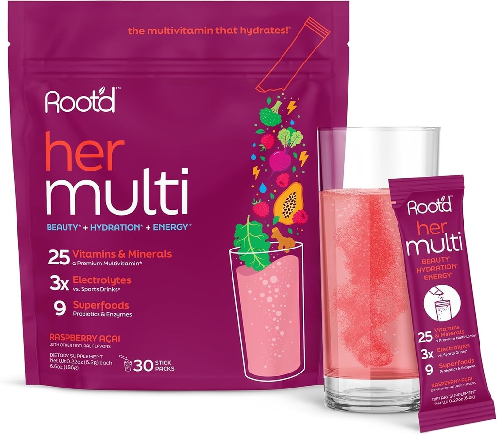 Poudre de multivitamine pour les femmes - 25 vitamines et minéraux avec électrolytes 3X, 9 superaliments biologiques, probiotiques et enzymes, multivitamine et hydratation sans sucre