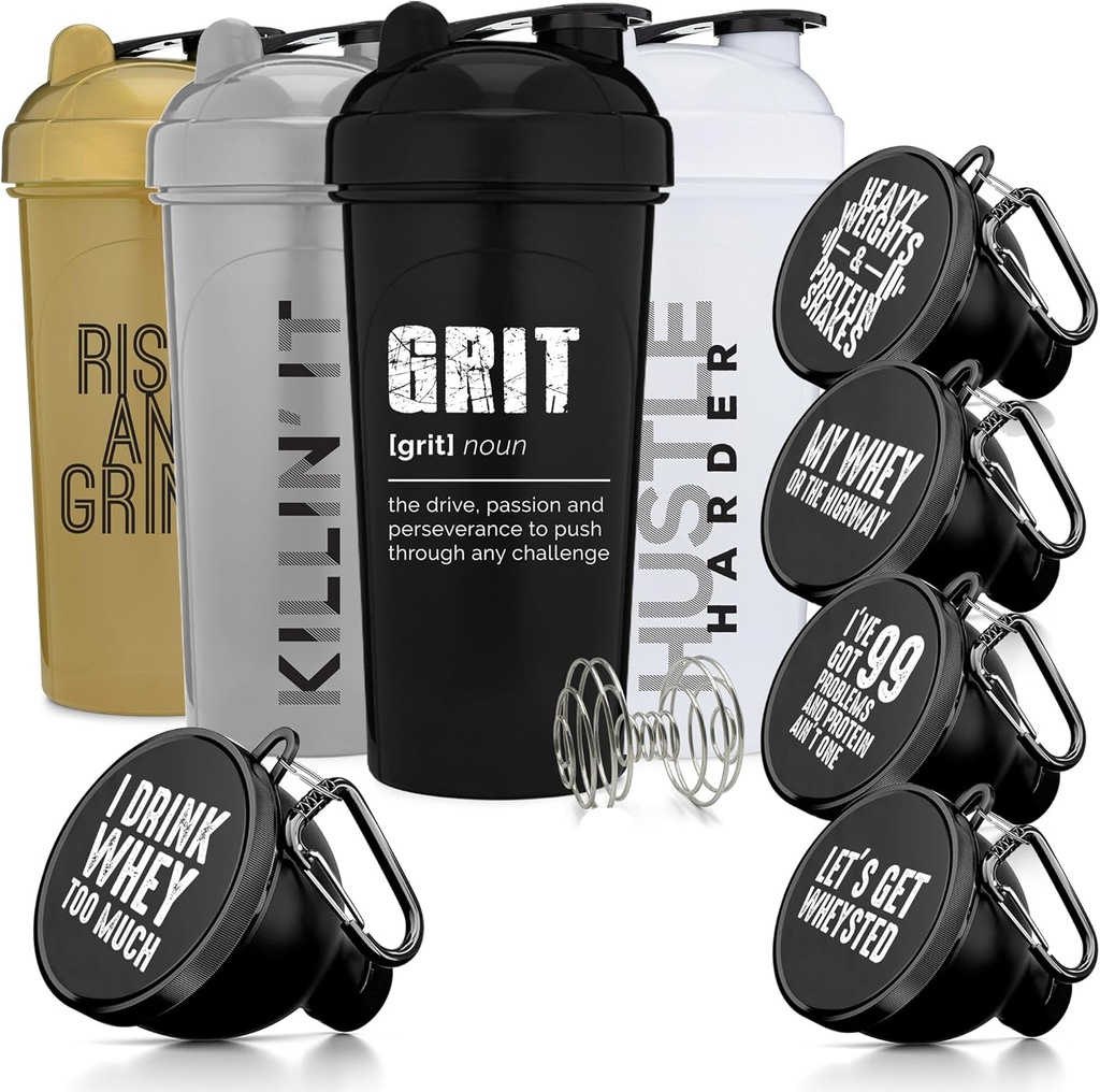 GOMOYO Fitness Bundle - Bouteilles de Shaker à 4 paquets avec agitateur + entonnoirs protéiniques à 5 paquets avec carabiner, sans BPA et lave-vaisselle en toute sécurité