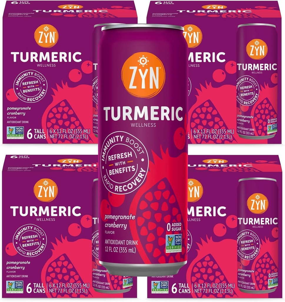 ZYN Turmeric Wellness Drink (24 Pack), grenade Cranberry aromatisée curcumine curcumine boisson avec poivre noir, pas de sucre ajouté, faible teneur en glucides et faible teneur en calories, alternative propre