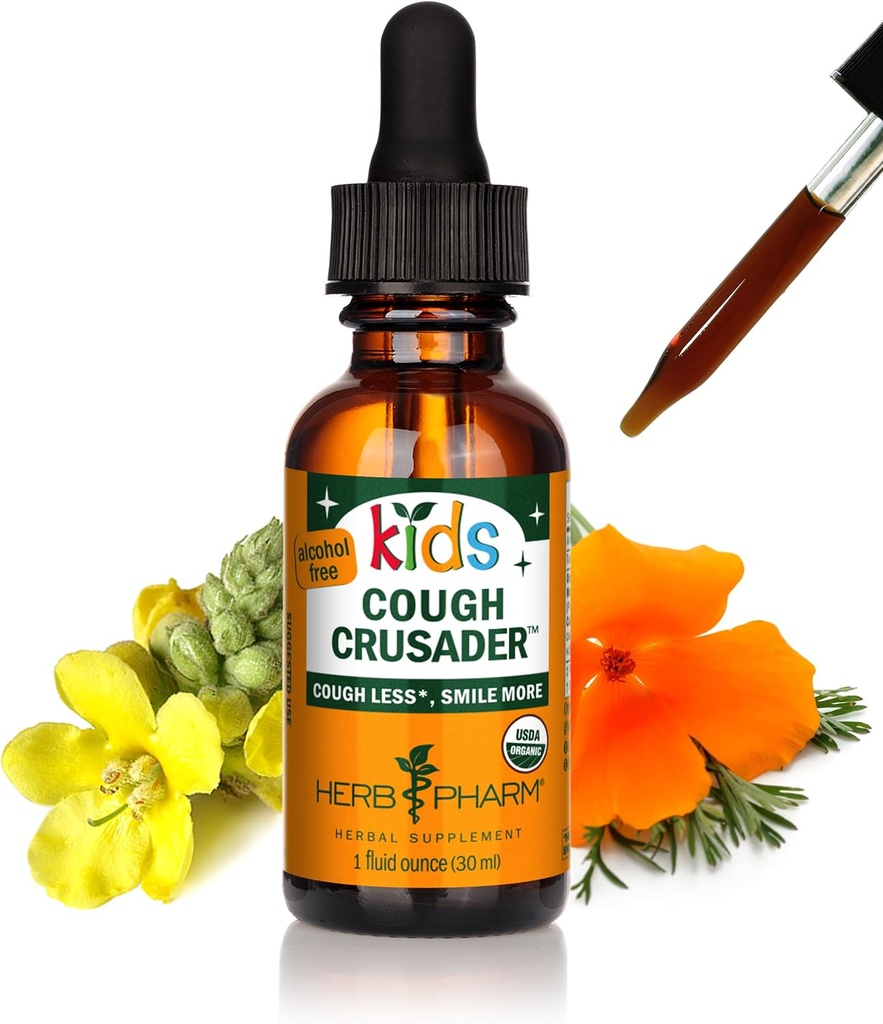 Herb Pharm Kids Certified-Organic Alcohol-Free Cough Crusader Liquid Herbal Formula, Wild Cherry, 1 Fl Oz