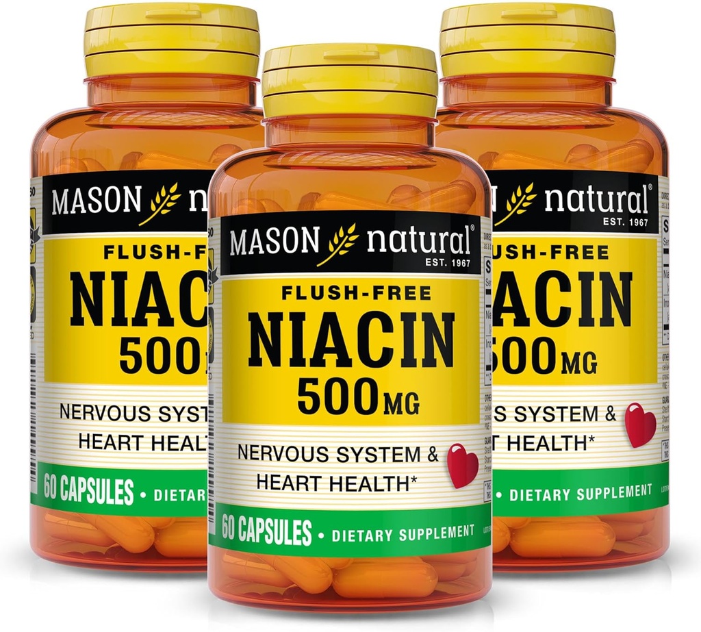 MASON NATURAL Niacin 500 mg Flush-Free, Supports Heart Health, Nervous System & Energy Production, 60 Capsules, Pack of 3