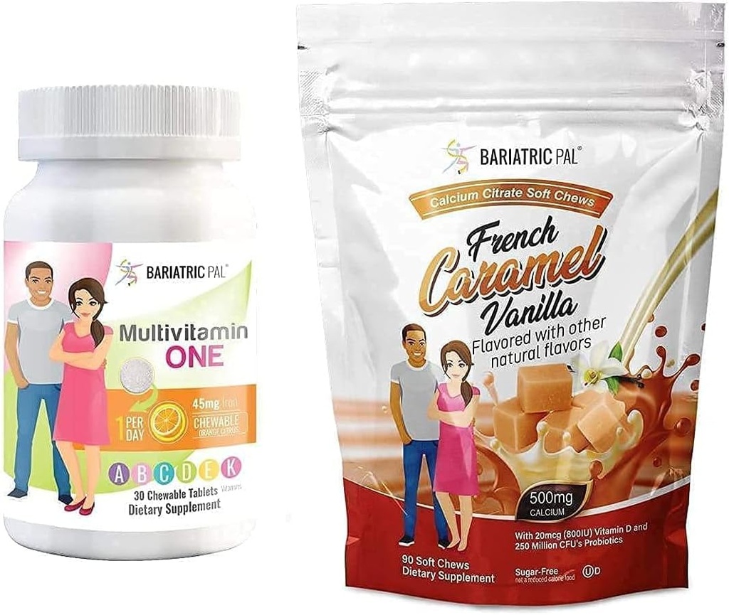 BariatricPal 30-Day Bariatric Vitamine Bundle (Multivamine ONE 1 par jour! avec 45mg à mâcher en fer - Citrus orange et Citrate de calcium Mâches douces 500mg avec probiotiques - Vanille caramel française)