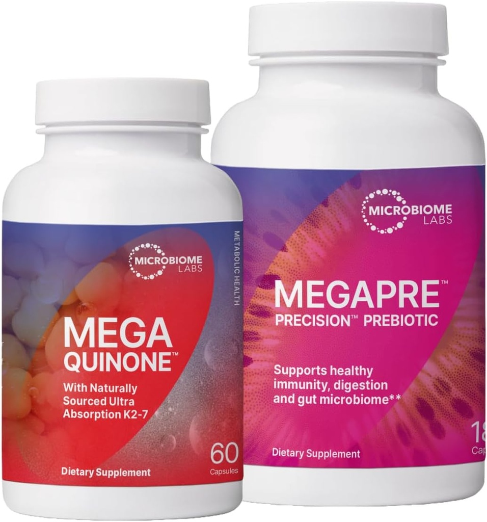 Microbiome Labs MegaPre Prébiotique pour soutenir la digestion et la barrière de la gueule (180 capsules) + MegaQuinone K2-7 Supplément complet de vitamine K avec Magnésium, Zinc (60 capsules) - 2 produits