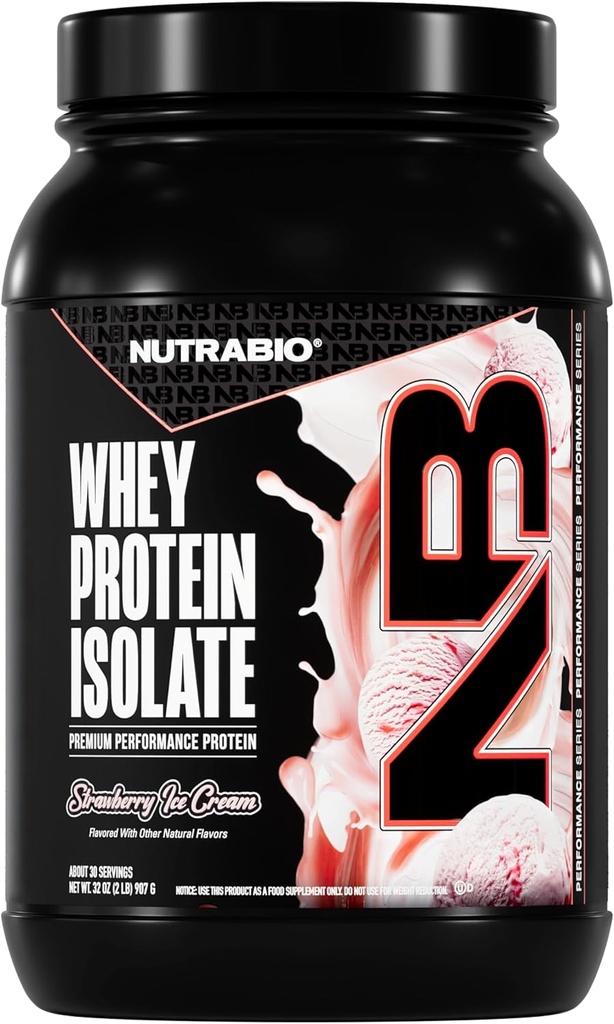 NutraBio 100% Whey Protein Isolate Protéine Poudre, 25g Protéine avec profil complet d'acide aminé, non-OGM, sans soja et sans gluten, faible teneur en glucides, faible teneur en calories en poudre de protéines de lactosérum, crème glacée aux fraises, 2 Lbs