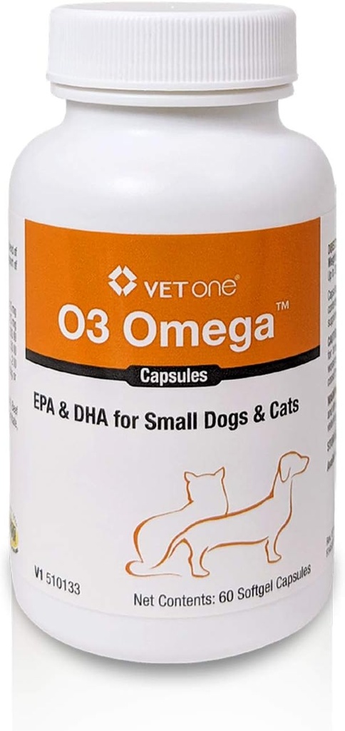 VetOne O3 Omega Soft Gel pour Chats et Petits Chiens - Essential Fatty Acid Support - Supplément peau et manteau - 60 Capsules