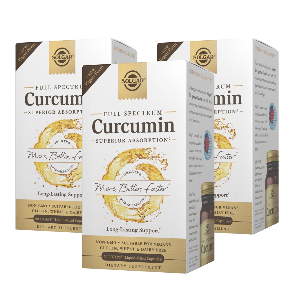 Solgar Curcumin plein spectre - 60 LiCaps, paquet de 3 - Absorption supérieure - Santé cérébrale, articulaire et immunitaire - Non-OGM, végétalien, sans gluten, sans lait - 180 portions totales