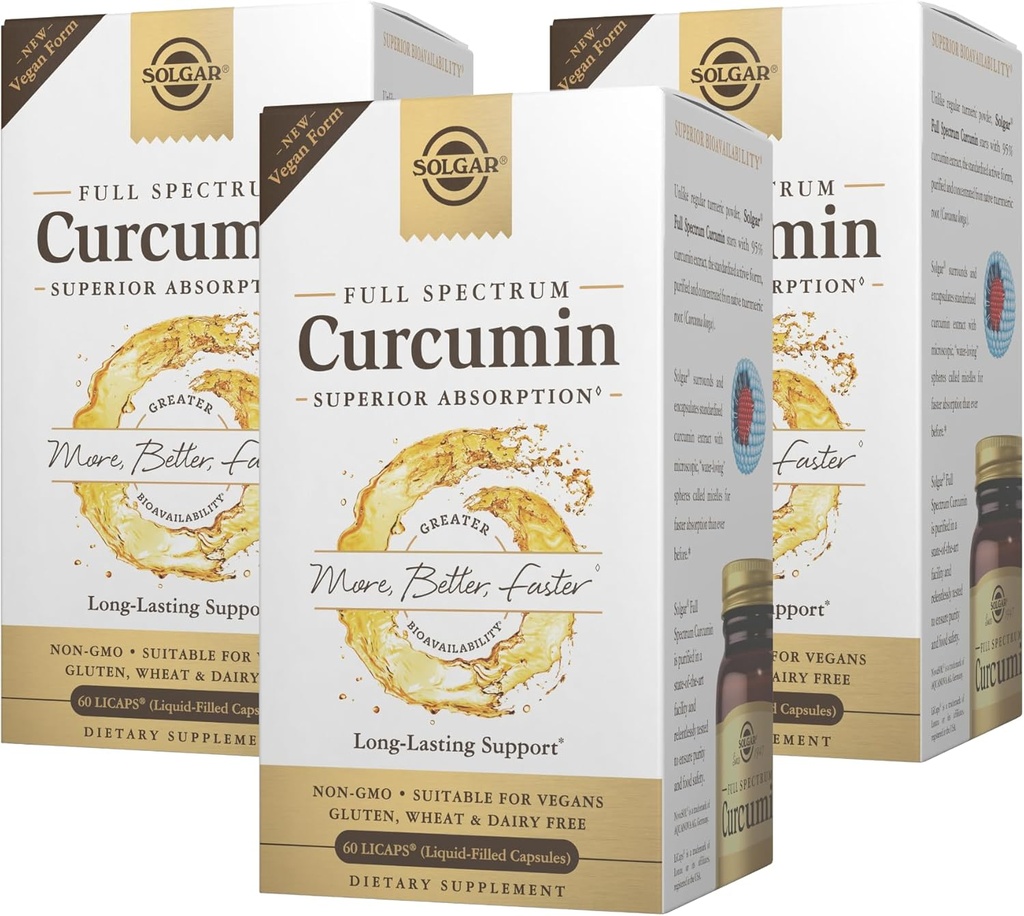 Solgar Curcumin plein spectre - 60 LiCaps, paquet de 3 - Absorption supérieure - Santé cérébrale, articulaire et immunitaire - Non-OGM, végétalien, sans gluten, sans lait - 180 portions totales