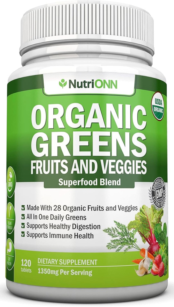 Organic Super Greens Capsules - Fruit And Vegetable Supplements - 120 Count - 28 USDA Organic & Vegan Premium Ingredients - Superfood Blend For Immune Health, Digestion & Energy - Whole Food Vitamins