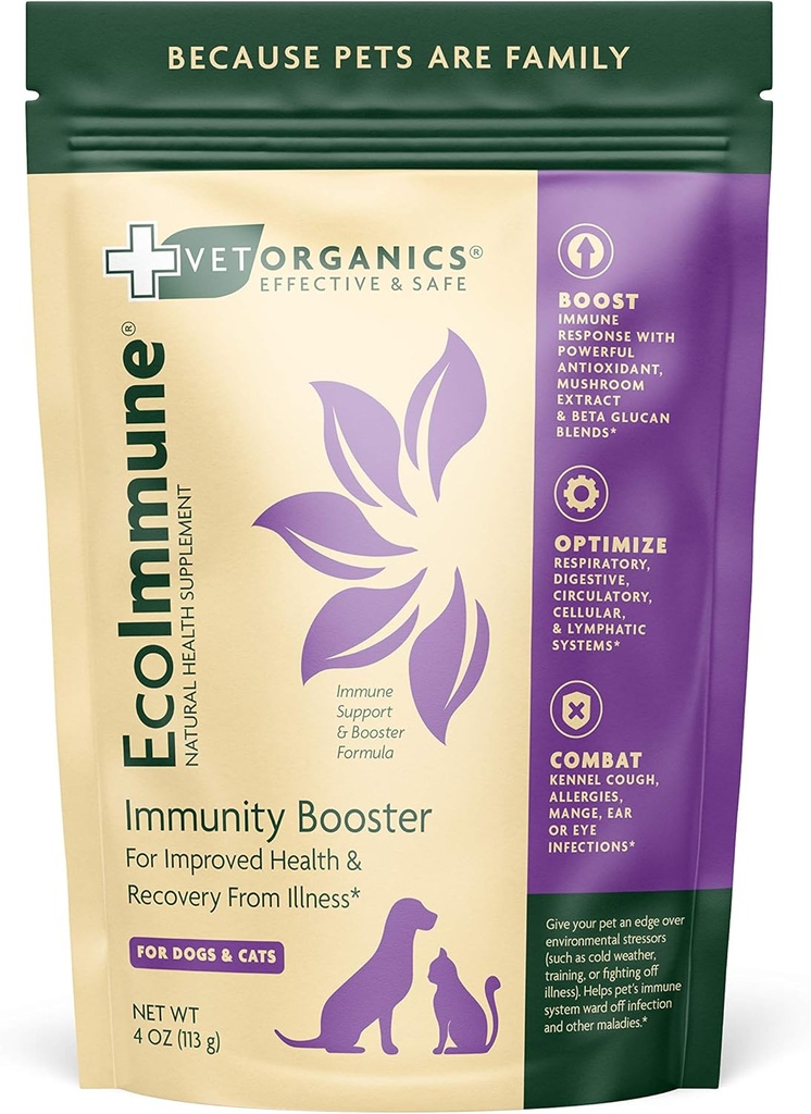 Supplément de soutien du système immunitaire pour chiens et chats. Ingrédients naturels, vitaux pour soutenir un système immunitaire animal sain. Ajouter simplement à la nourriture pour animaux de compagnie. Emballage Mai Vary. (4 oz)