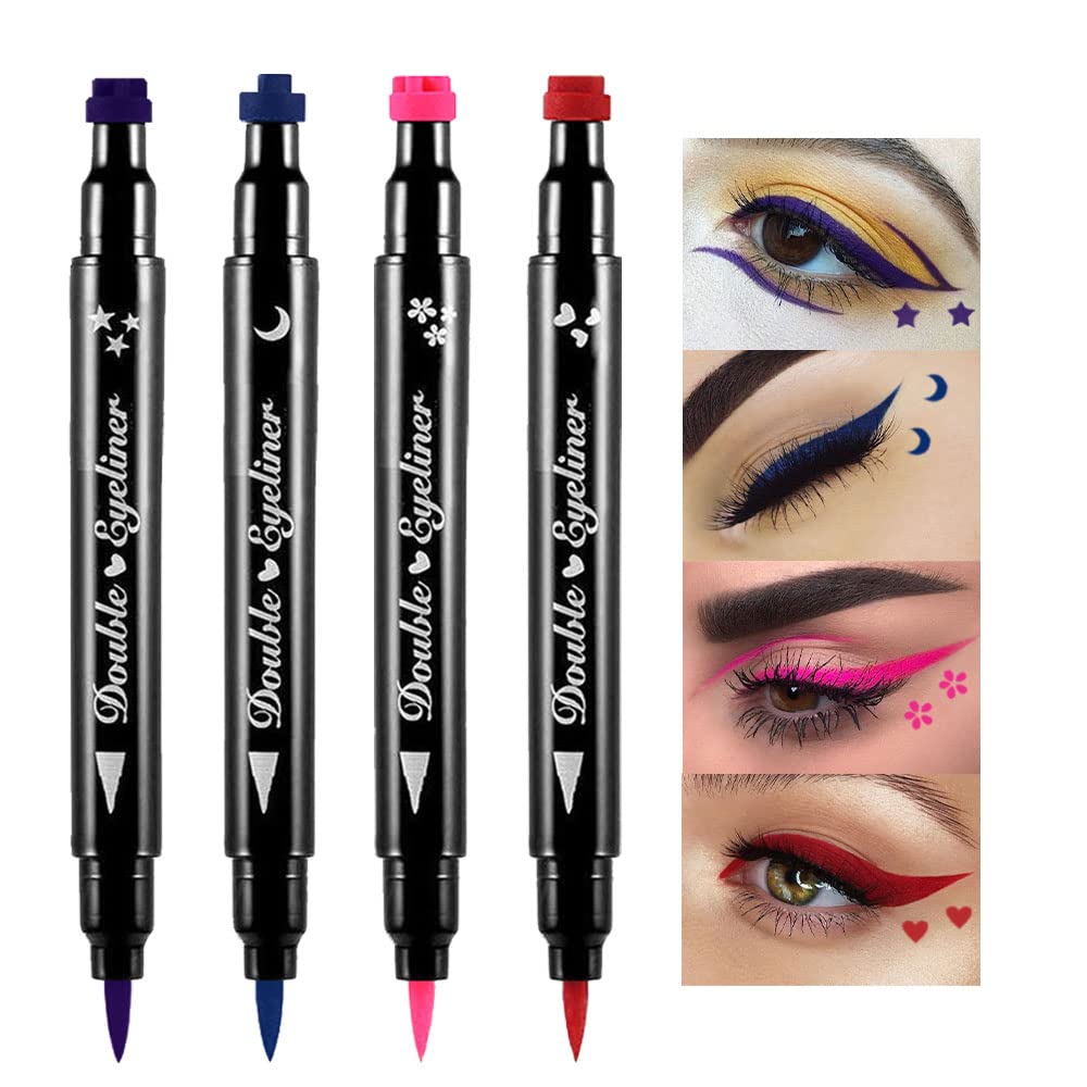 BINGBRUSH Stamp liquide double face Eyeliner Stylo, Face Timbres Maquillage Extremely Black Waterproof Slim Gel Felt Tip High Black Pigment Liquid Eyeliner & Seal resina para tips de gel(Colorful)
