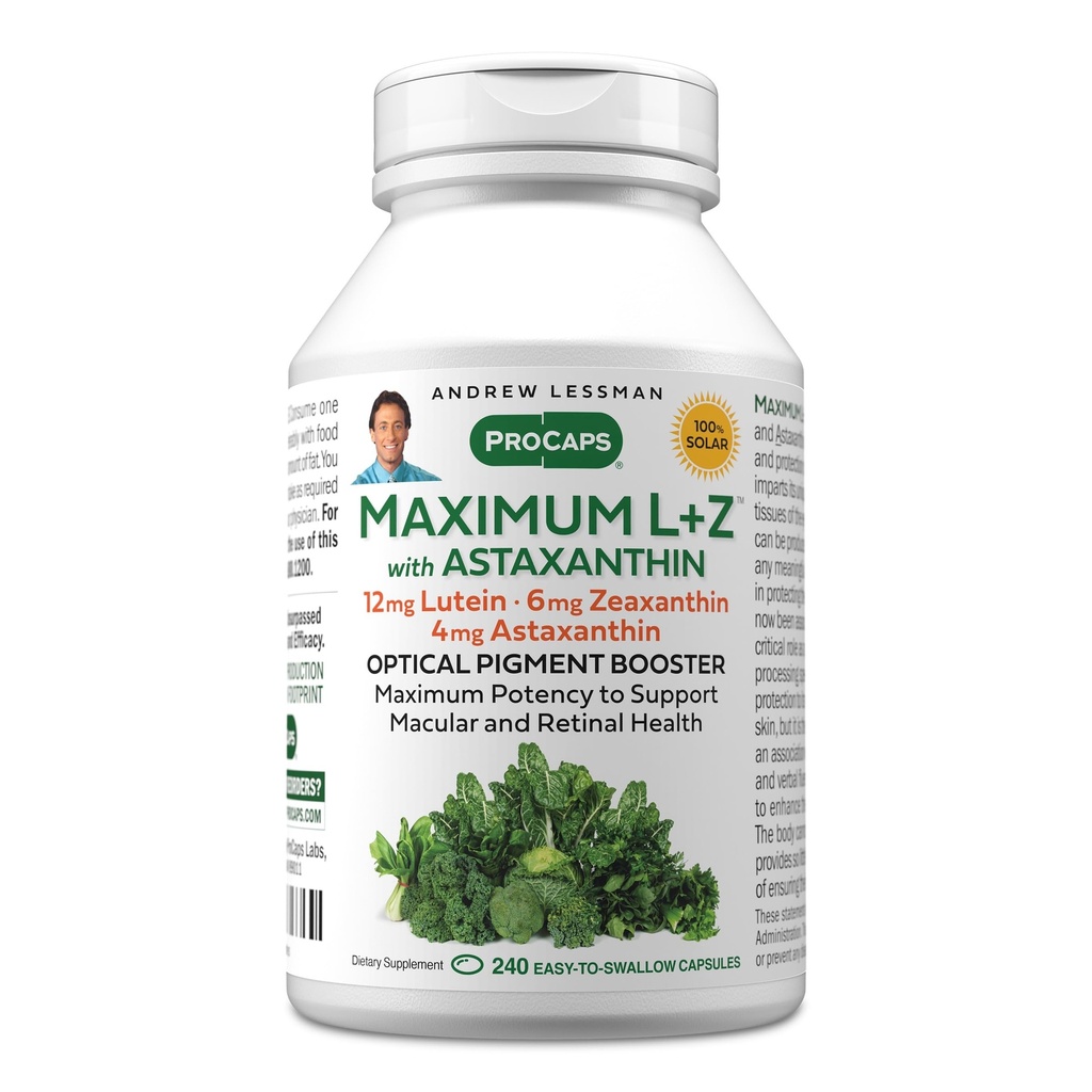 ANDREW MOINSMAN Maximum L+Z avec l'astaxanthine 240 Softgels - 12mg Lutéine, 6mg Zeaxanthine, 4mg Astaxanthine. Éléments nutritifs clés pour appuyer la santé des yeux et du cerveau et promouvoir une vision saine.