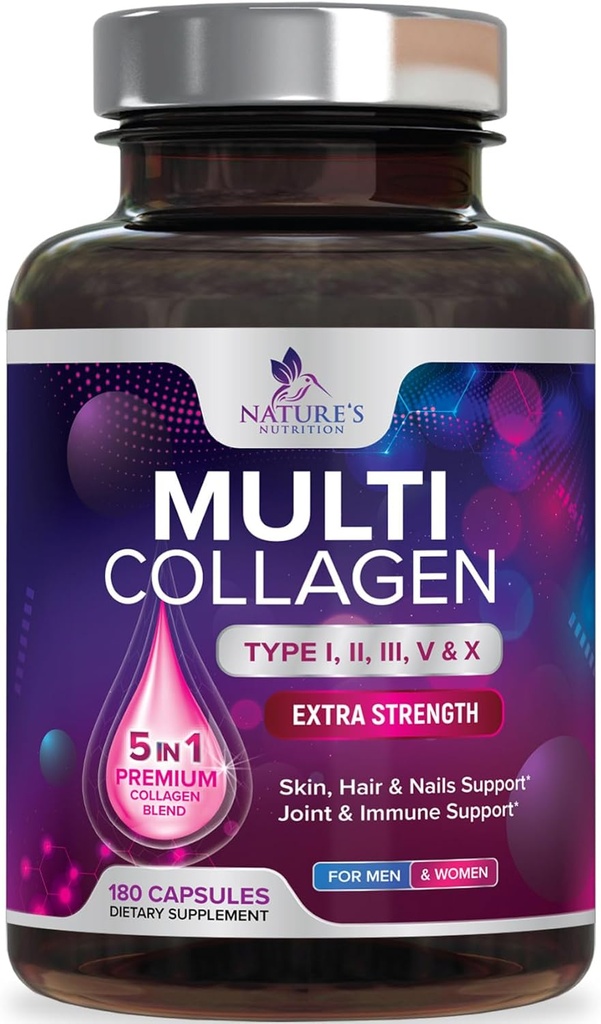 Multi Collagen Supplement 2400 mg - Types I, II, III, V & X Multi Collagen Peptides Pills for Women & Men, Hydrolyzed Collagen Supplements, Hair, Skin, Nail, & Joint Support Supplement - 180 Capsules