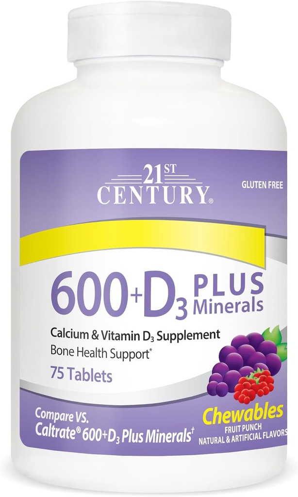 Calcium du 21e siècle 600 mg +D Plus comprimés à croquer, 75 Nombre