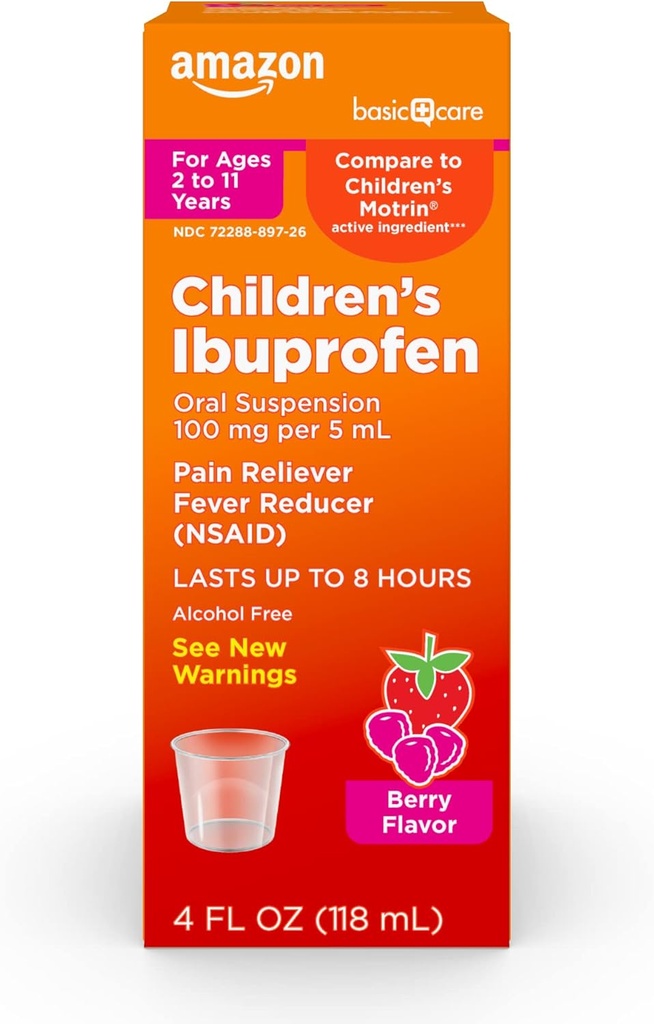 Amazon soins de base Ibuprofène pour enfants suspension orale 100 mg, Berry, 4 fl oz (paquet de 1)