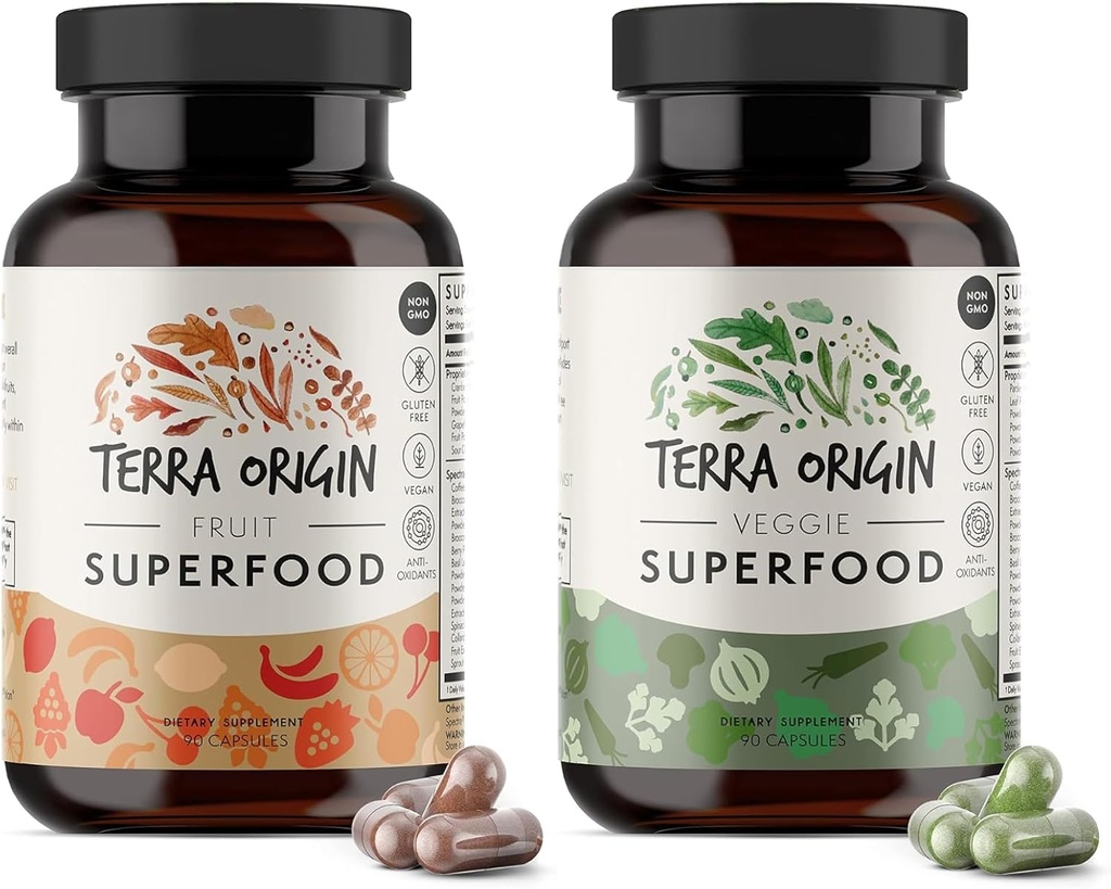 ORIGINAL TERRA Supplément pour les fruits et légumes 180 capsules végétariennes sans OGM, sans gluten, pilules végétaliennes fabriquées aux États-Unis
