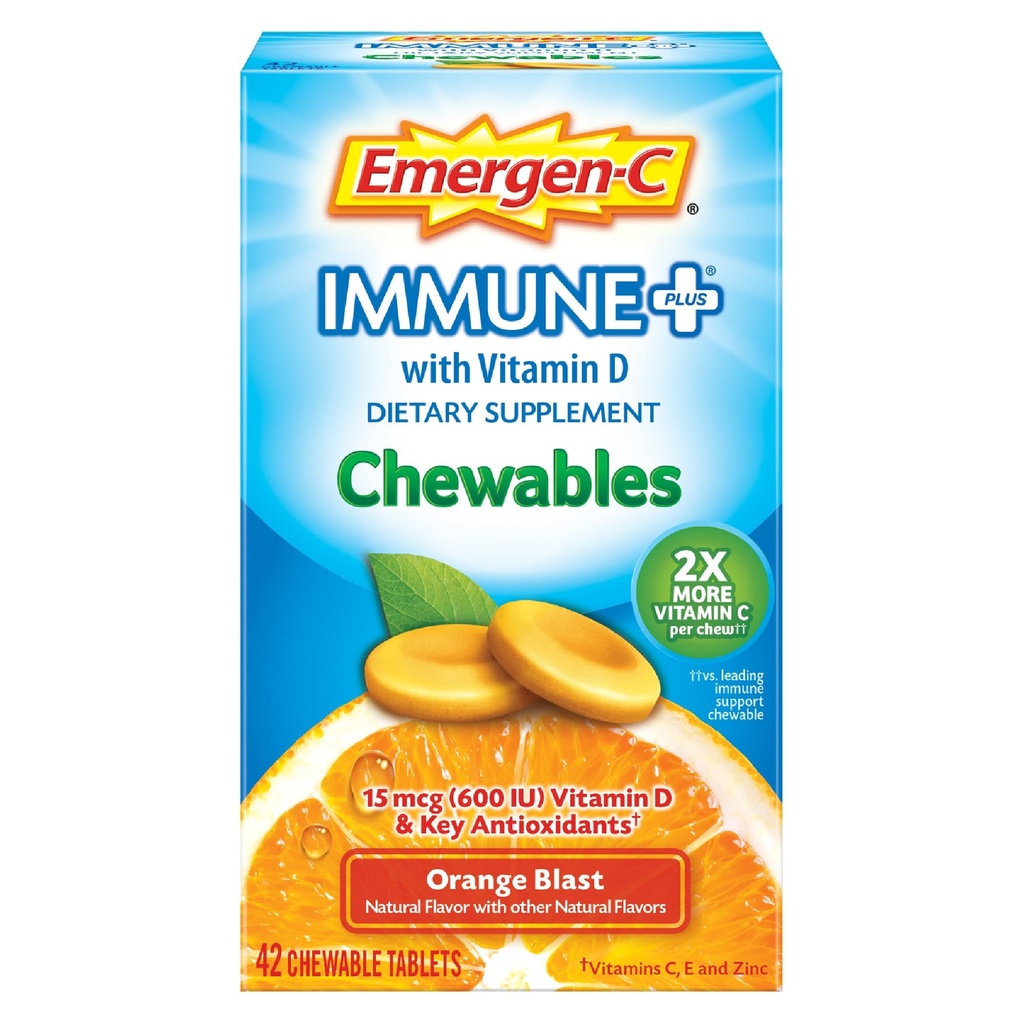 Emergen-C Immune+ Chewables 1000mg Vitamine C avec Comprimé Vitamine D, Supplément de soutien immunitaire pour l'immunité, Arôme de blast orange, Retour à l'essentiel de l'école - 42 Compte