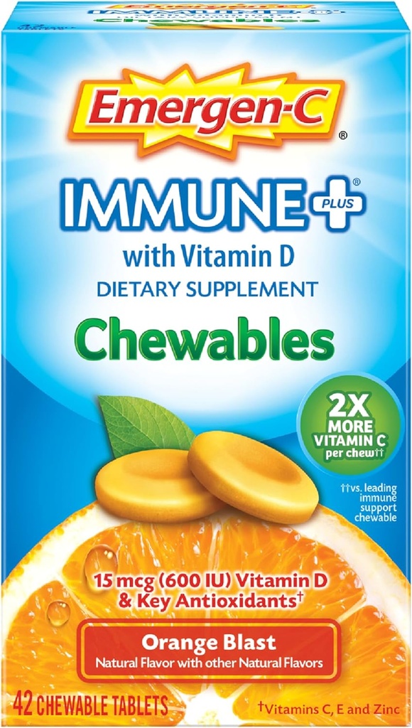 Emergen-C Immune+ Chewables 1000mg Vitamine C avec Comprimé Vitamine D, Supplément de soutien immunitaire pour l'immunité, Orange Blast Flavor - 42 Compte