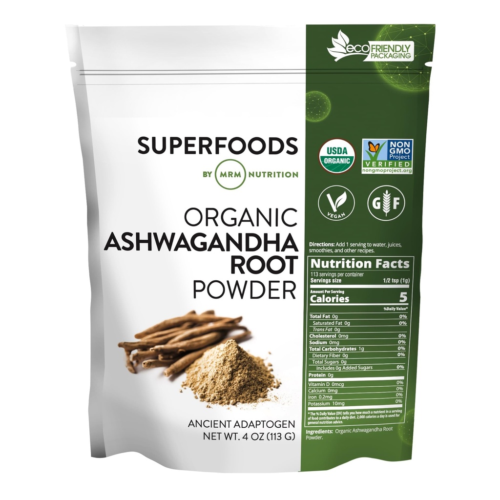 MRM Nutrition Poudre de racine biologique Ashwagandha , Superfoods , Adaptogène ancien , Antioxydants , Vegan + Sans gluten , 113 portions