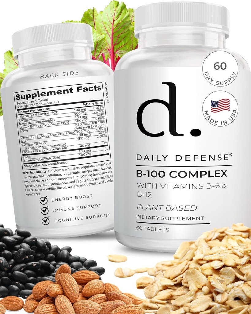 B Complexe Vitamines pour hommes et femmes Complexe B-100 avec vitamine B-6, vitamine B-12, thiamine, et plus - Suppléments énergétiques à base de plantes pour le soutien immunitaire et cognitif - 60 comprimés