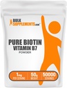 BulkSupplements.com Poudre de biotine pure - en vitamine B7, Vitamines de biotine pour cheveux, peau et ongles - Sans gluten, 1mg par portion, 50g (1,8 oz) (paquet de 1)