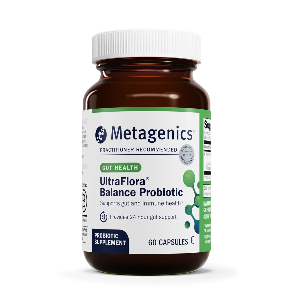 Métagène UltraFlora Balance Probiotic - Supplément de santé git quotidien stable pour le soutien digestif et immunitaire* - Sans OGM et sans gluten - 60 capsules