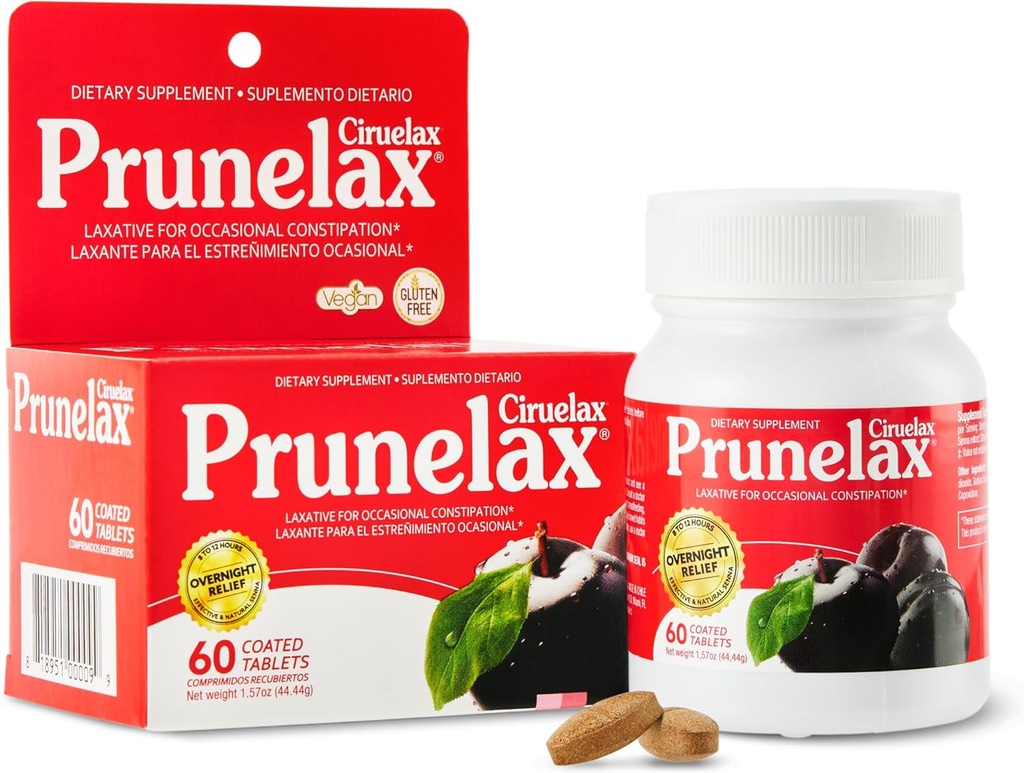 Prunelax Ciruelax Comprimés laxatifs à force régulière - Relief nocturne pour constipation occasionnelle, extrait de senna, végétalien et sans gluten, soulagement doux à action rapide - 60ct