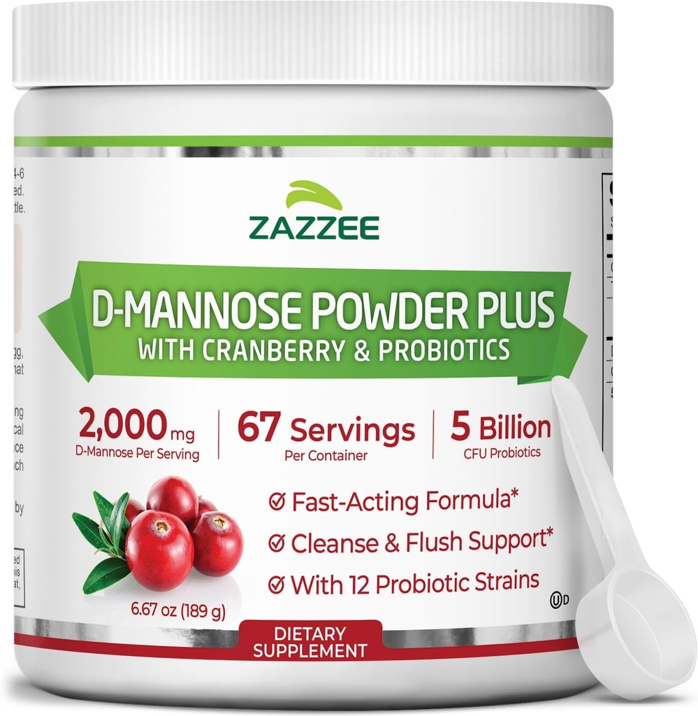 Zazzee D-Mannose Powder Plus, 2000 mg, 67 portions, Potent & Fast-Acting, plus 5 milliards CFU probiotiques et extrait pur de jus de canneberge, casher, libre, 6,5 oz, sans gluten, non-OGM tout naturel