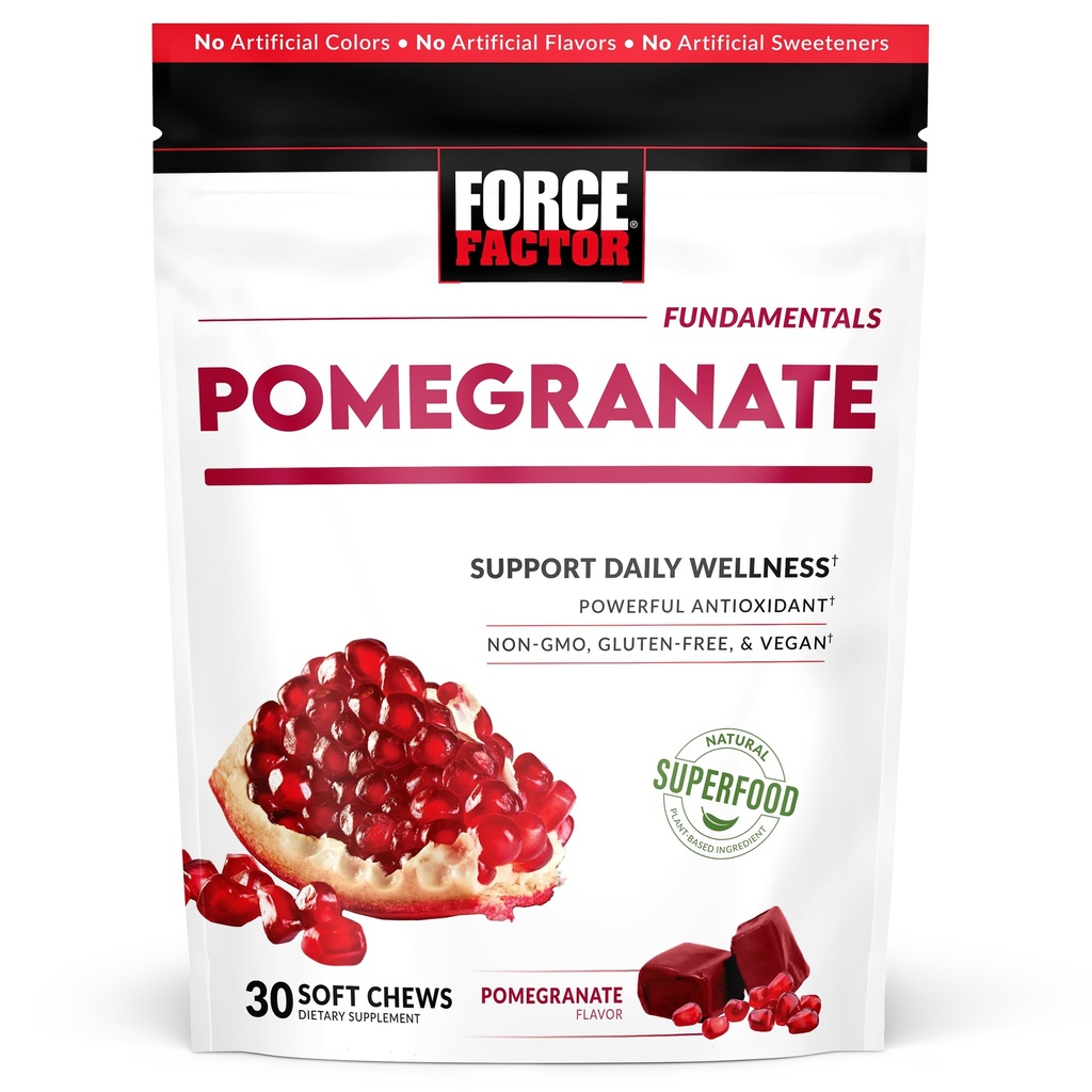 Facteur de force Pomégranate Soft Chews pour le vieillissement en santé, la santé cardiaque, la santé osseuse, et la santé du cerveau, Superfood & Antioxydants Supplément, non-OGM, sans gluten, végétalien, parfum de grenade, 30 Chews doux
