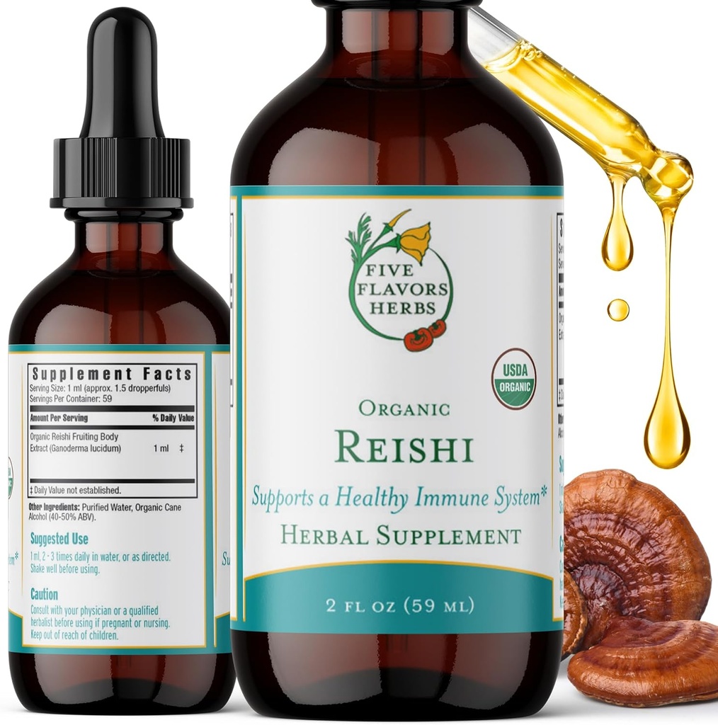 Teinture Reishi - Soutien du système nerveux et immunitaire, système respiratoire, santé cardiovasculaire et métabolique, attention et calme, supplément à base de plantes - 2 Fl Oz