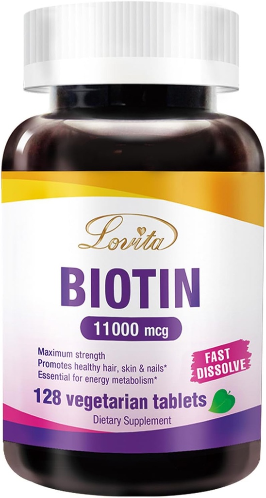 LOVITA Résistance maximale 11 000 mcg Biotine : Comprimés végétariens à dissolution rapide - Facilement absorbés, sans gluten et sans laiterie, 128 comprimés végétaliens amis