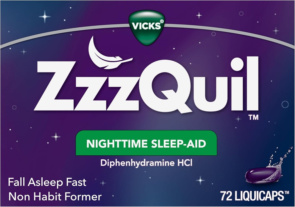 ZzzQuil LiquiCap Aide au sommeil, Diphenhydramine 25mg HCl, Aide au sommeil pour les adultes, Aide au sommeil nocturne, 72 LiquiCaps