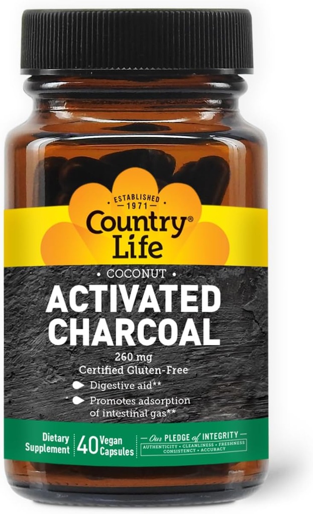 Country Life Capsules de charbon de coco activées, 260mg – Supplément de charbon naturel pour le gaz et le dégel - Sans gluten, 40 capsules végétaliennes