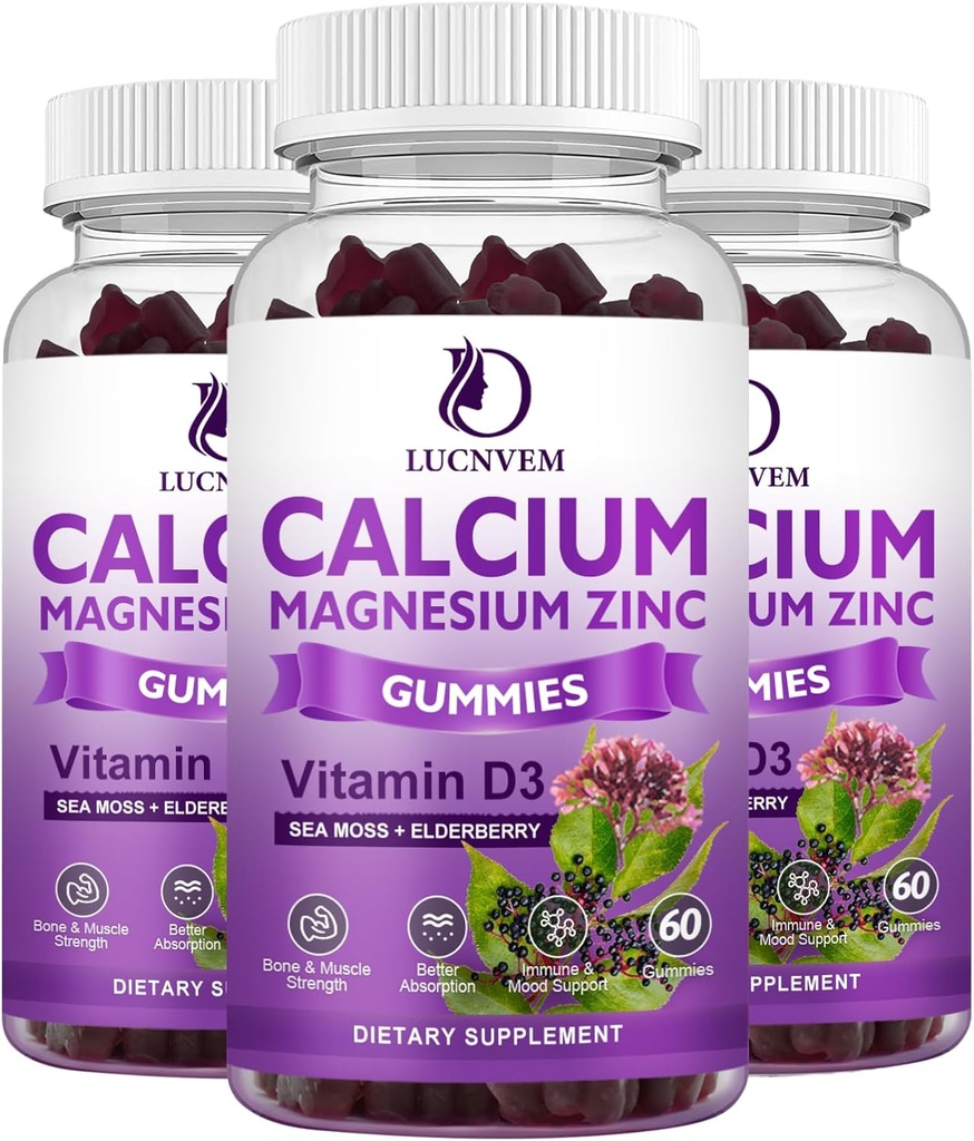 Calcium Magnésium Zinc Gummies winn Elderberry and Sea Moss, Calcium Magnesium 2:1, Contient Magnésium Glycinate, Vitamine D3, pour les os, les muscles, l'humeur calme et le soutien du sommeil , 60 Gommies(3 paquets)