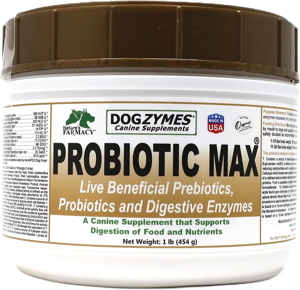 Dogzymes Probiotique Max -10 milliards de CFU probiotiques, prébiotiques, enzymes digestives - Soulage la diarrhée, l'estomac relevé, la constipation, le gaz, l'allergie, l'immunité et la santé globale 1 livre