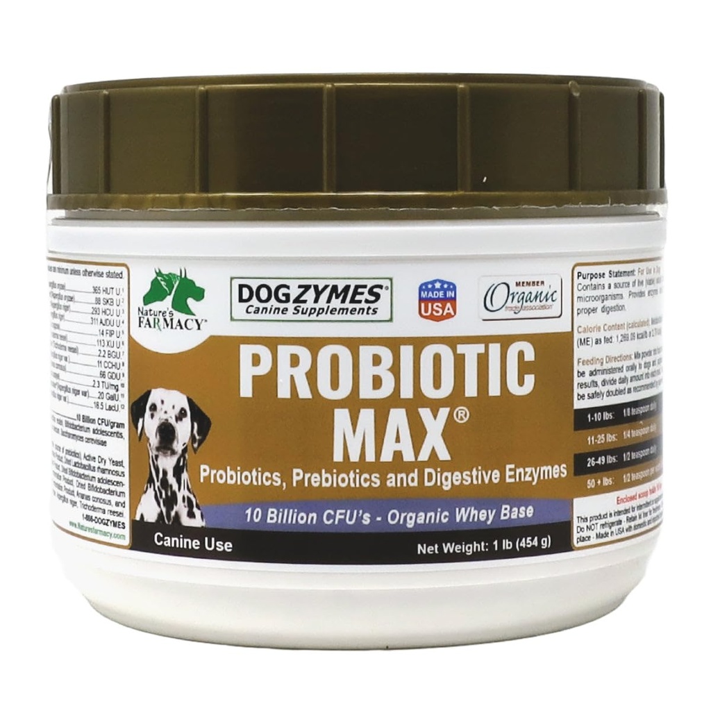 Dogzymes Probiotique Max -10 milliards de CFU probiotiques, prébiotiques, enzymes digestives - Soulage la diarrhée, l'estomac relevé, la constipation, le gaz, l'allergie, l'immunité et la santé globale 1 livre