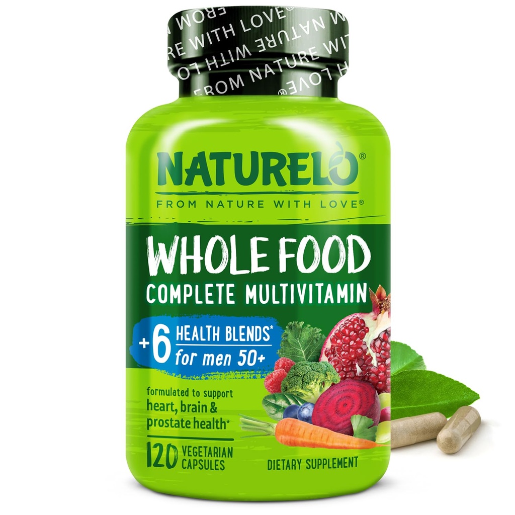 NATURELO Multivitamine d'aliments entiers pour les hommes 50+ - avec des vitamines, minéraux, extraits de plantes organiques - Végétarien végétalien - pour l'énergie, le cerveau, le coeur et la santé des yeux - 120 capsules