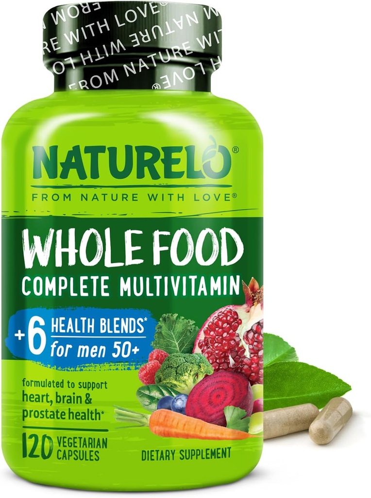 NATURELO Multivitamine d'aliments entiers pour les hommes 50+ - avec vitamines, minéraux, extraits de plantes organiques - Végétarien végétalien - pour l'énergie, le cerveau, le coeur et la santé des yeux - 120 Capsules