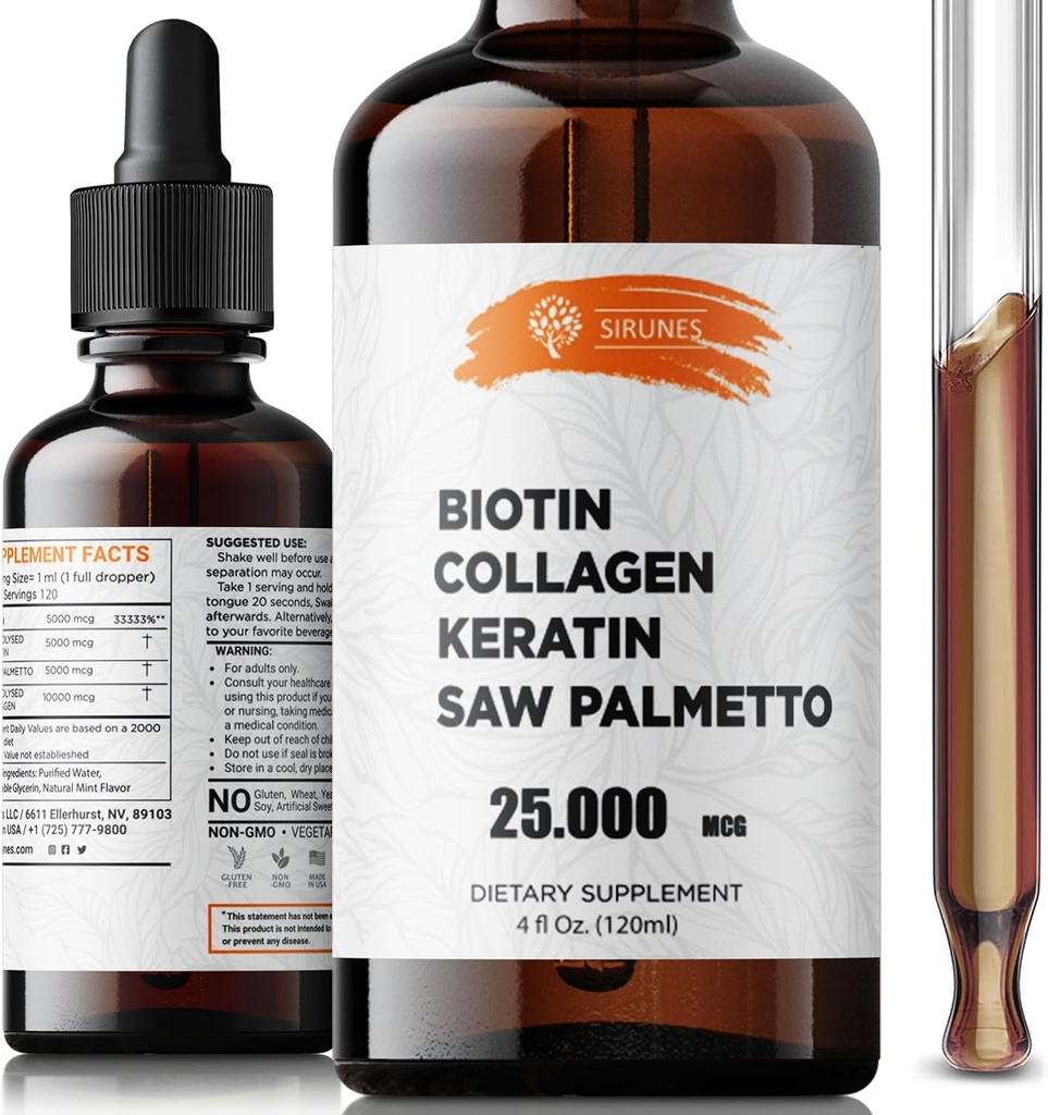 Biotine liquide et collagène – Supplément cheveux, peau et ongles avec 10 000 mcg Collagène, 5 000 mcg Biotine, 5 000 mcg Keratin & Saw Palmetto – Fabriqué aux États-Unis, 4 fl oz