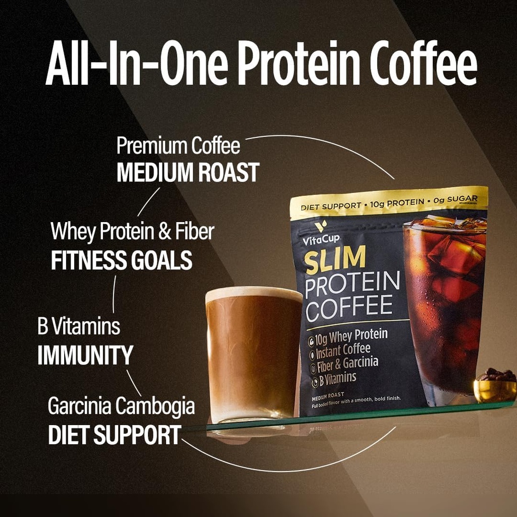 VitaCup Slim Protein Coffee Shake for Diet Support, café instantané avec poudre de protéines de lactosérum, vitamine B et fibre, diététiste développé pour la performance et le goût, faire comme café glacé ou Shake, 20 portions