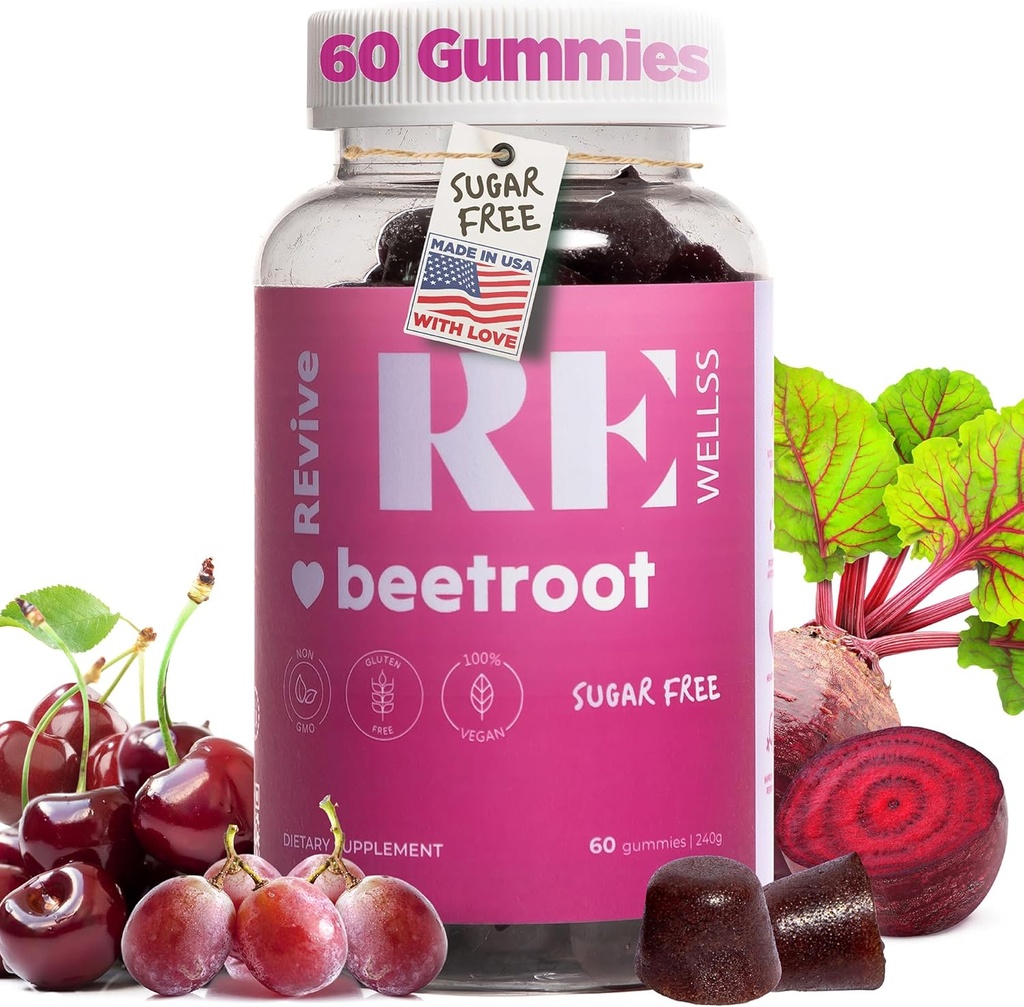 Gommies de racine de betterave avec suppléments d'énergie extrait de raisin I suppléments d'oxyde nitrique sans sucre pour les hommes et les femmes I Santé globale et soutien de la pression artérielle I 60 Gommies - Cherry Flavor